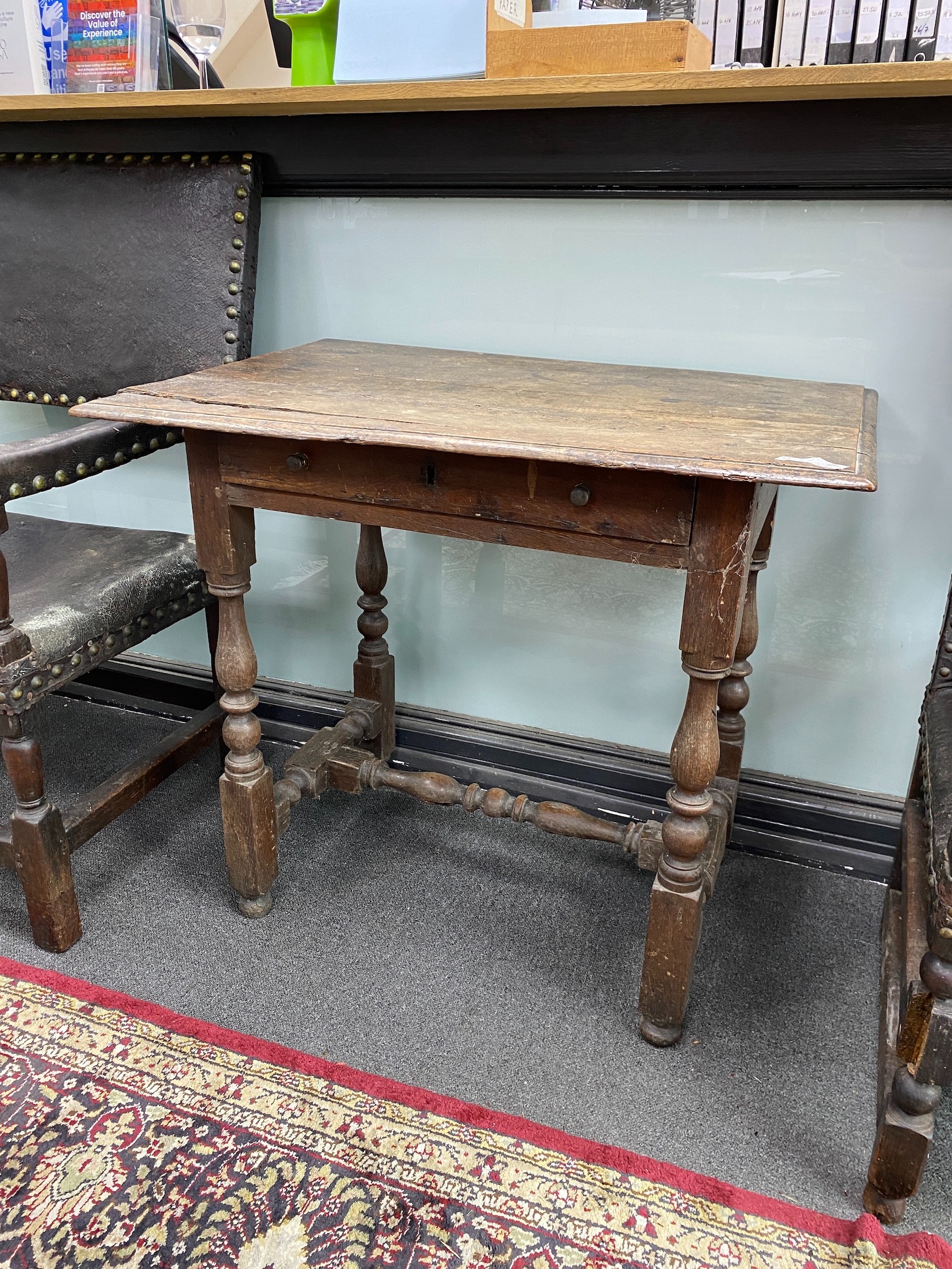 A 17th century oak side table, width 83cm, depth 59cm, height 72cm